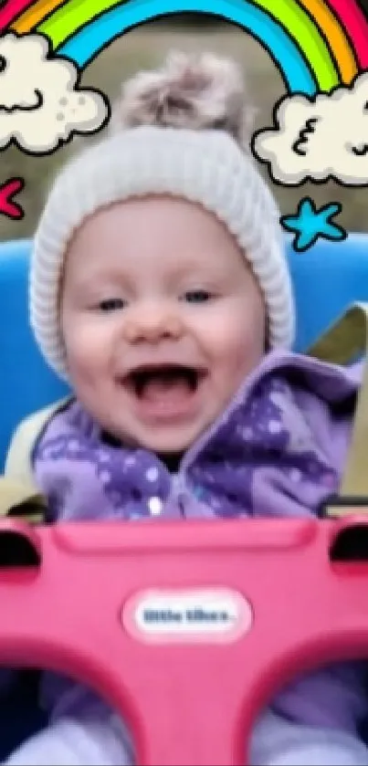 Adorable baby smiling in blue swing outdoors.