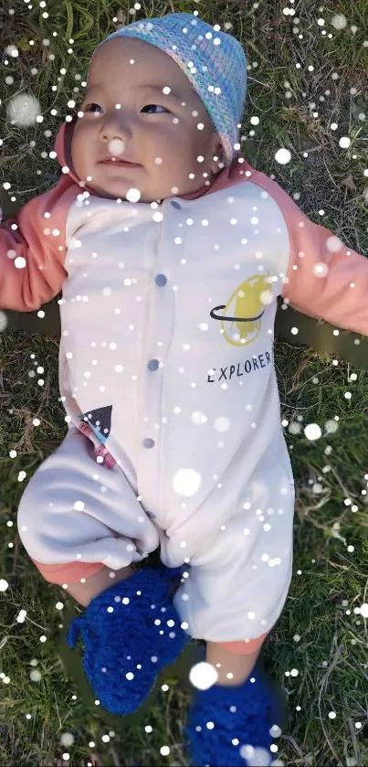 Adorable baby in explorer outfit with falling snow on grass.