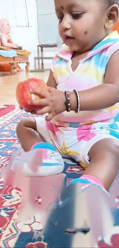 Adorable baby holding an apple on a colorful carpet.