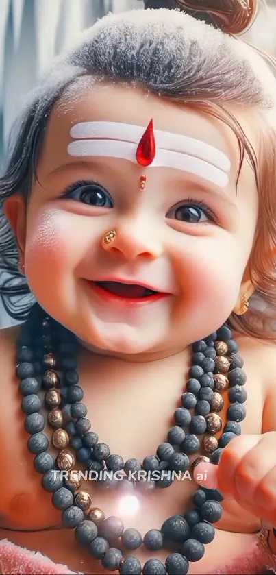 Adorable baby with beads and charming smile.