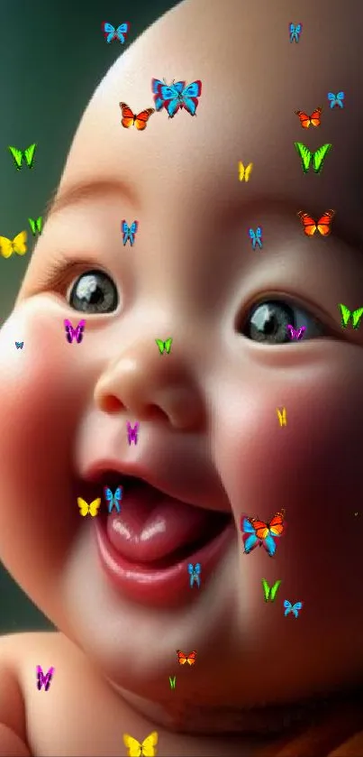 Cute baby surrounded by colorful butterflies.