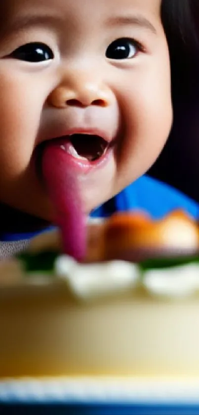 Adorable baby smiling at a cake delight.