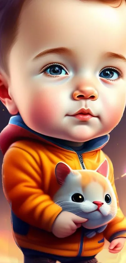 Adorable baby with cat illustration in warm hues and twilight background.