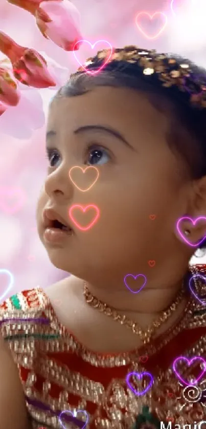 Adorable baby with cherry blossoms, pink background.