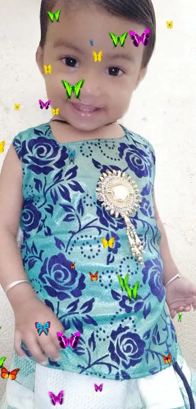 Adorable child in floral dress with colorful butterflies.