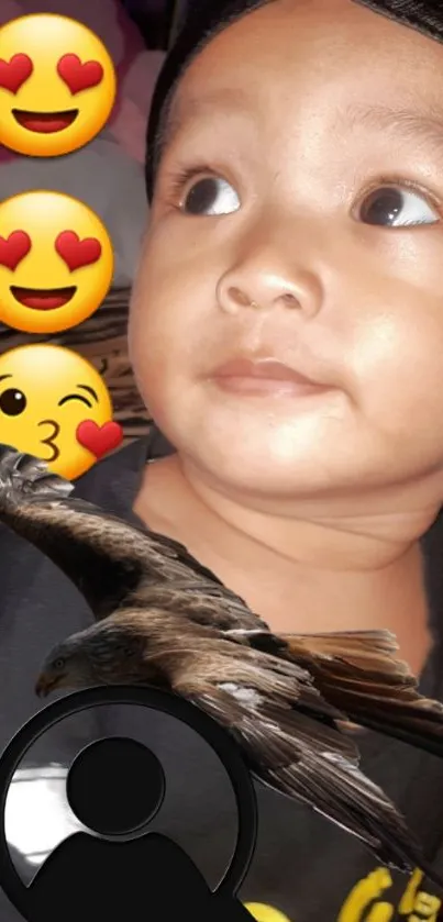 Cute baby with heart-eye emojis and an eagle on a mobile wallpaper.