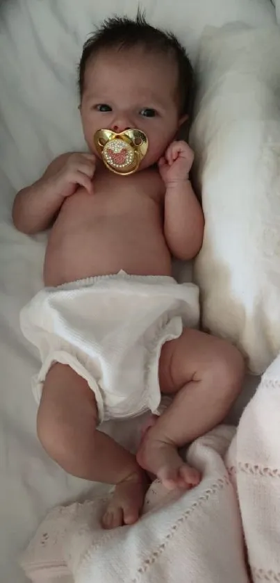 Adorable baby with gold pacifier on soft white bedding.