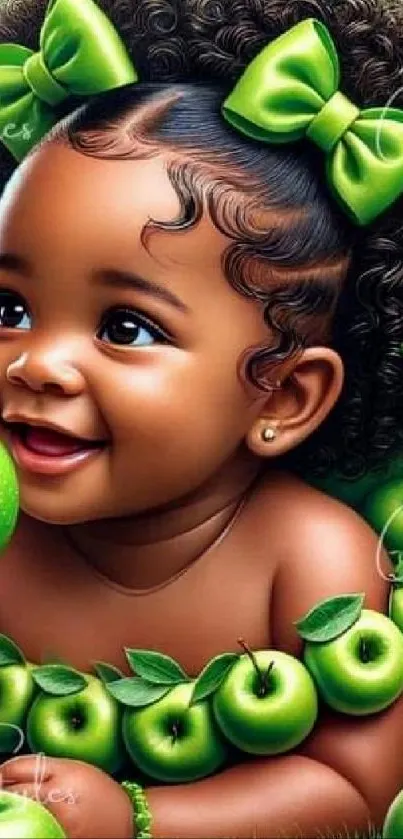 Adorable baby with green bows and apples.