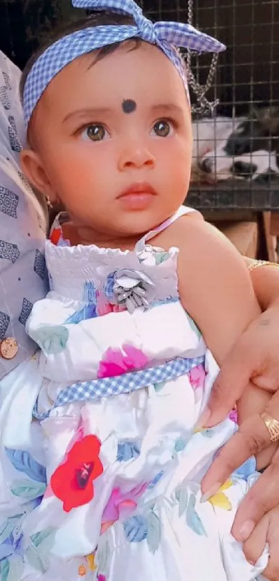 Cute baby in floral dress with headband, close up.