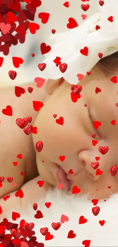 Sleeping baby with red heart overlay, creating a loving and serene wallpaper.