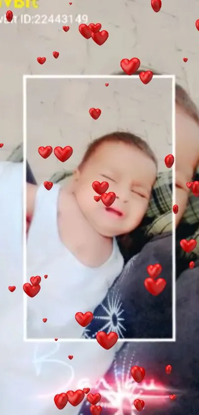 Adorable baby surrounded by red hearts in a sweet mobile wallpaper.