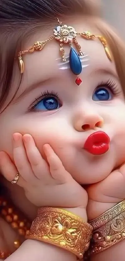 Adorable baby with intricate jewelry looking cute.