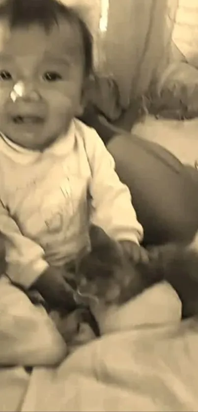 Adorable baby holding a kitten in sepia tones.