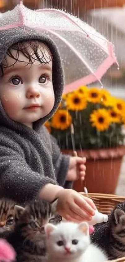 Baby in gray hood with umbrella, kittens in basket, and yellow flowers in rain.