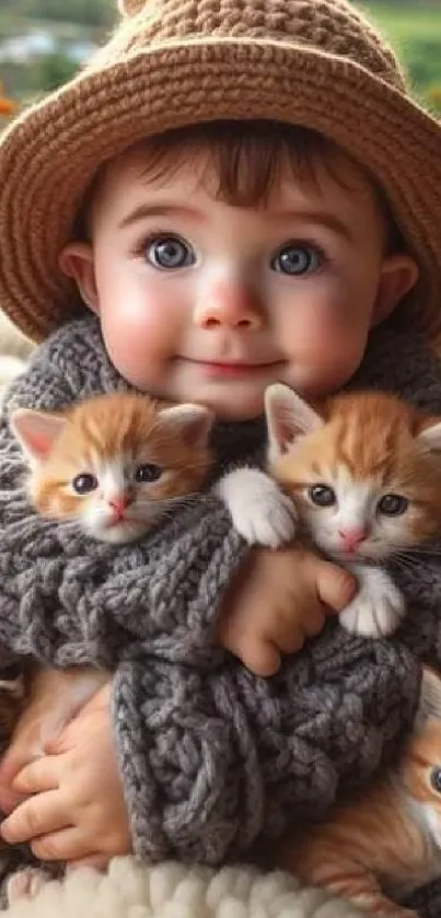 Adorable baby in a sweater holding kittens.