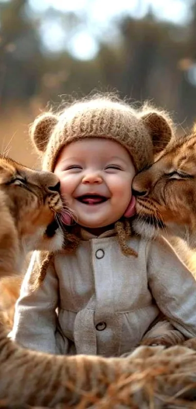 A baby in a bear hat smiling with two playful lions.