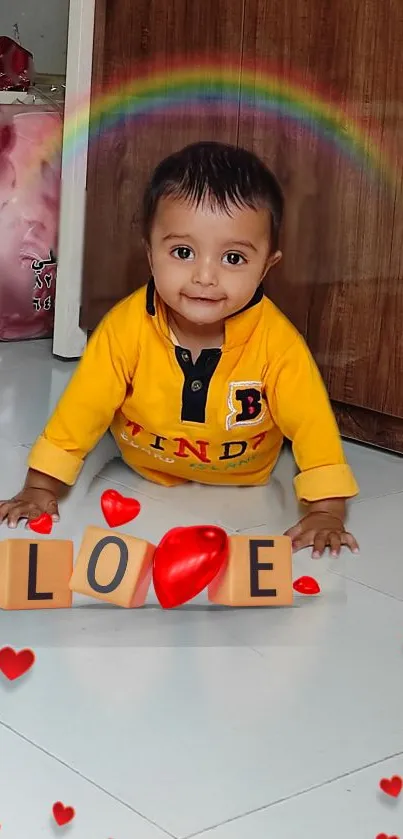 Smiling baby in yellow shirt with love blocks and hearts.