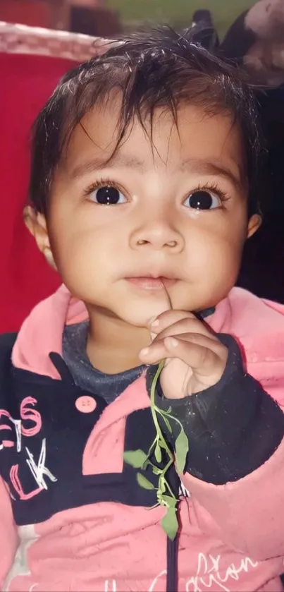 Cute baby in pink jacket holding a plant.