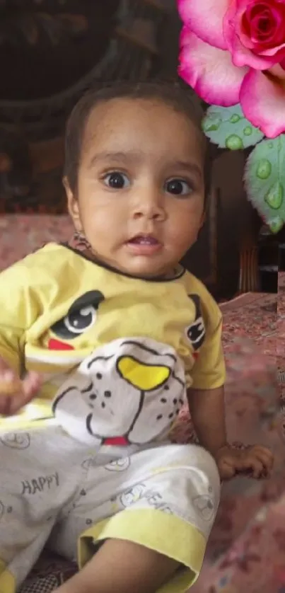 Adorable baby in yellow outfit with pink rose on vibrant wallpaper.