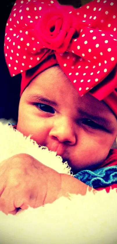 Adorable baby with a red polka-dot bow and thoughtful expression.