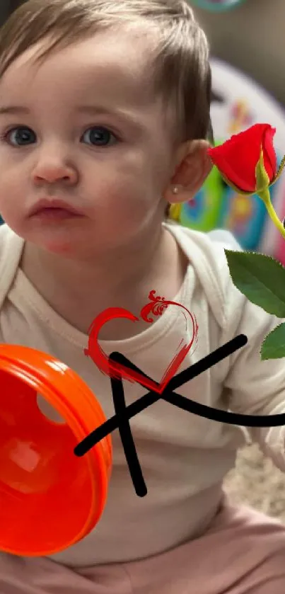 Cute baby with red rose and playful background.