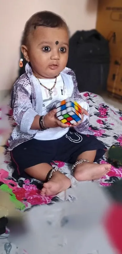 Adorable baby holding Rubik's cube on colorful floral mat.