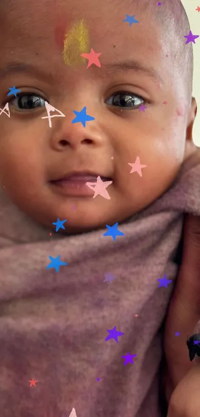 Cute baby with colorful stars overlay on mobile wallpaper.