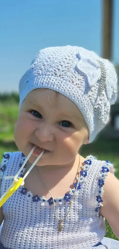 Baby in blue knitted hat with sunny background.