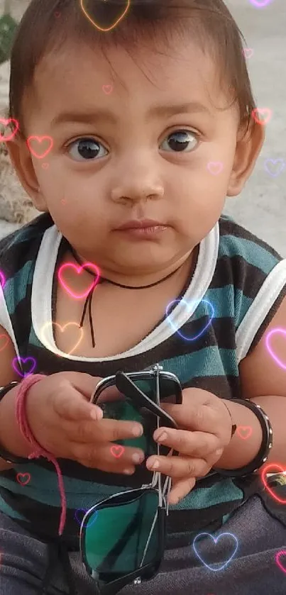 Adorable baby holding sunglasses, sitting outside.