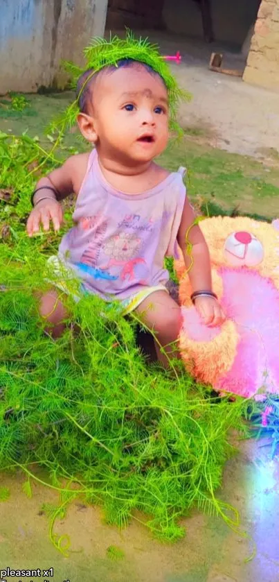 Adorable baby sitting with teddy bear in lush green grass.