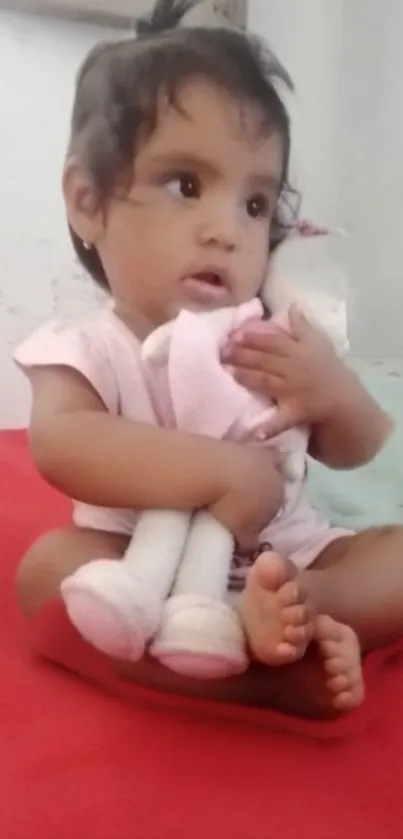 Adorable baby holding a stuffed toy while sitting on a red blanket.