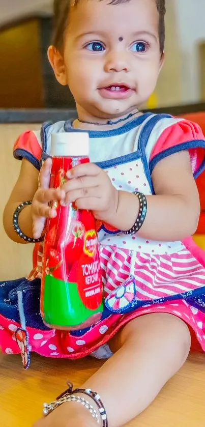 Cute baby sitting with a toy bottle, smiling brightly.