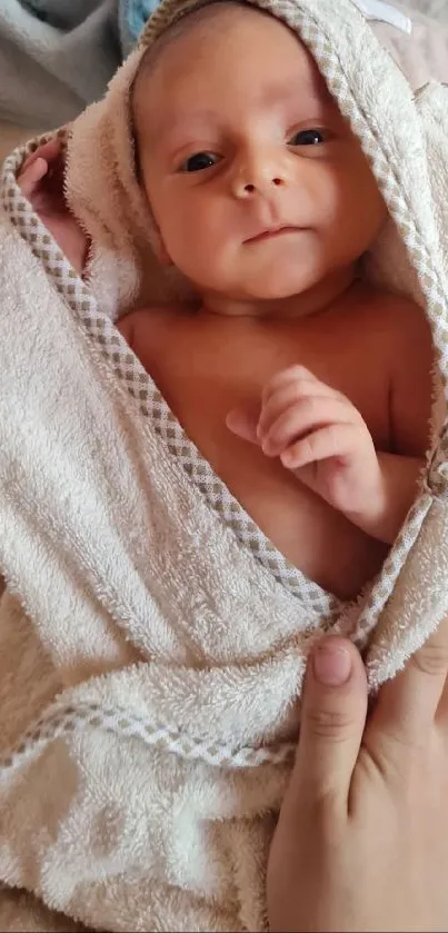 Adorable baby wrapped in a soft towel, showcasing innocence and warmth.