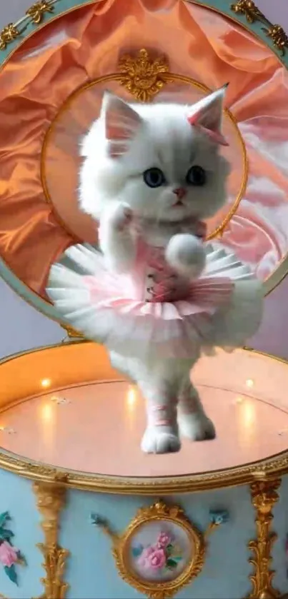 White kitten dressed as a ballerina inside a vintage music box.