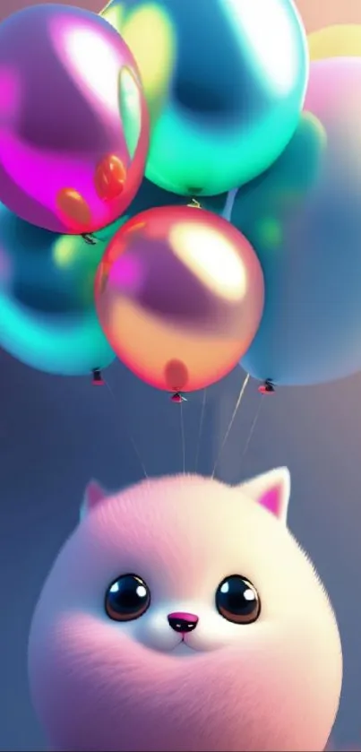 Cute cat with colorful balloons wallpaper.