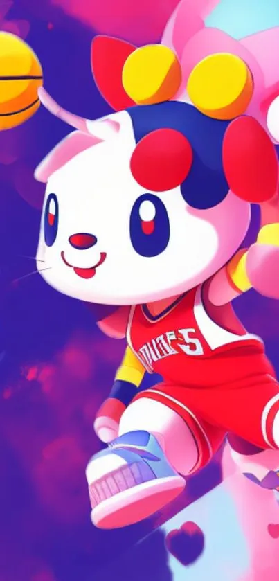 Cute bunny playing basketball in a colorful wallpaper.