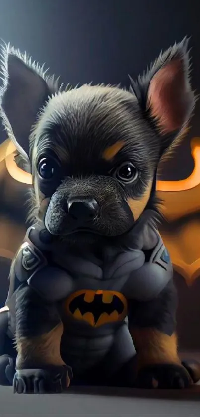 Cute puppy in bat superhero costume mobile wallpaper.