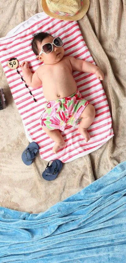 Cute baby in sunglasses on a beach towel, ready for summer.