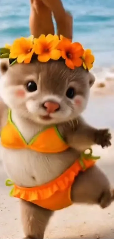 A cute otter in a swimsuit on the beach.