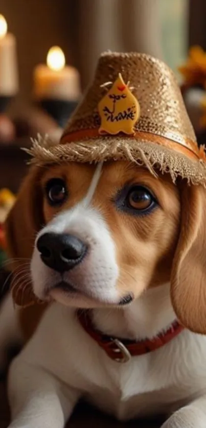 Beagle puppy wearing a festive hat with candles in the background.