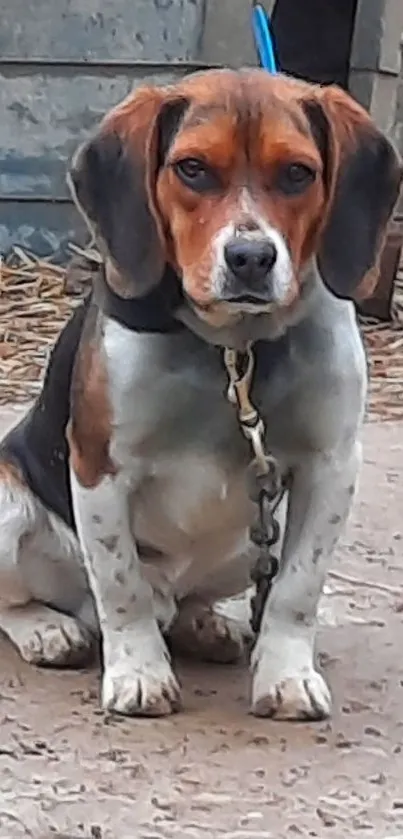 Adorable beagle dog sitting calmly in a rustic outdoor setting.