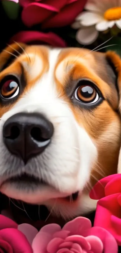 Adorable beagle surrounded by vibrant flowers.