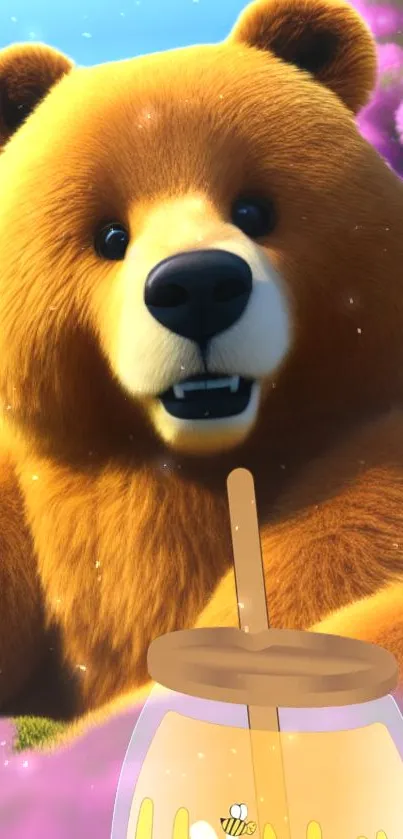 Animated bear with honey jar in colorful nature setting.