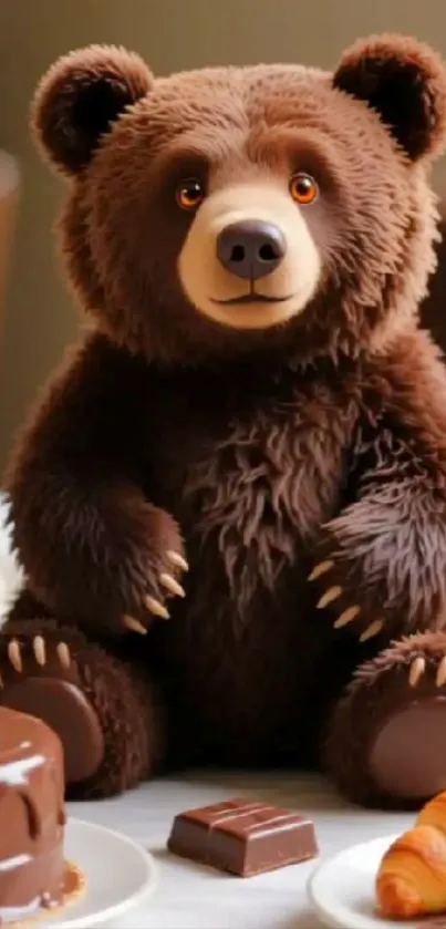 Cute teddy bear surrounded by desserts.