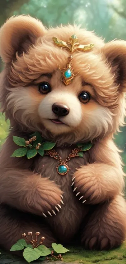 Adorable bear with fantasy jewelry in a lush forest setting.