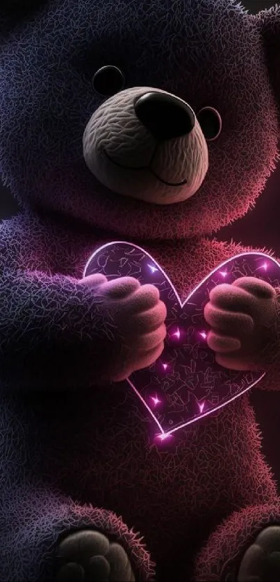 Teddy bear holds glowing pink heart on dark background.