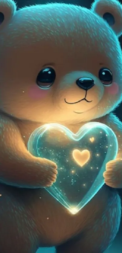 Adorable bear holding a glowing heart.