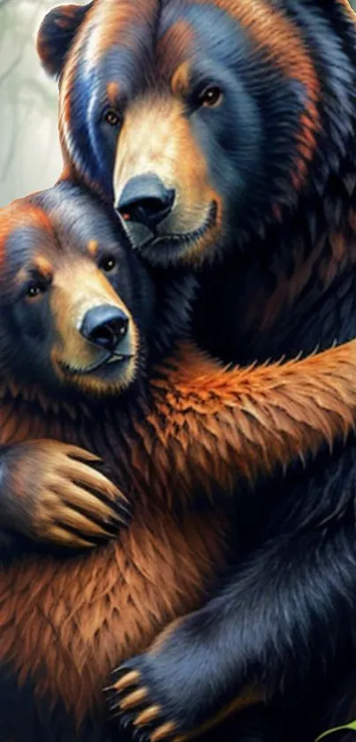 Charming illustration of two bears hugging in a serene forest setting.