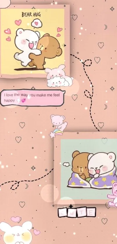 Adorable bears hugging with pastel hearts and playful elements.