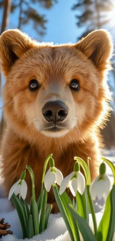 Adorable bear cub in snowy forest with flowers.